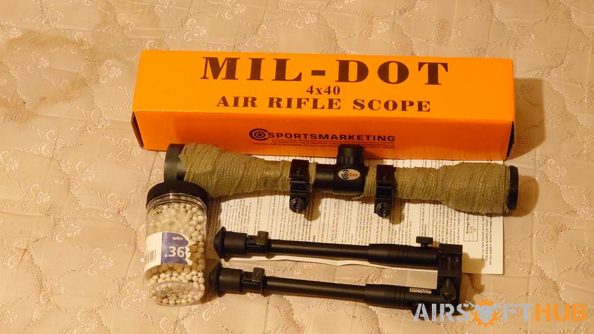 Scope, Bipod and 0.36 bb - Used airsoft equipment